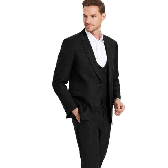 Men's One Button Double Breasted Vest Slim Fit Sharkskin Wedding Suit In Black - Picture 1 of 4